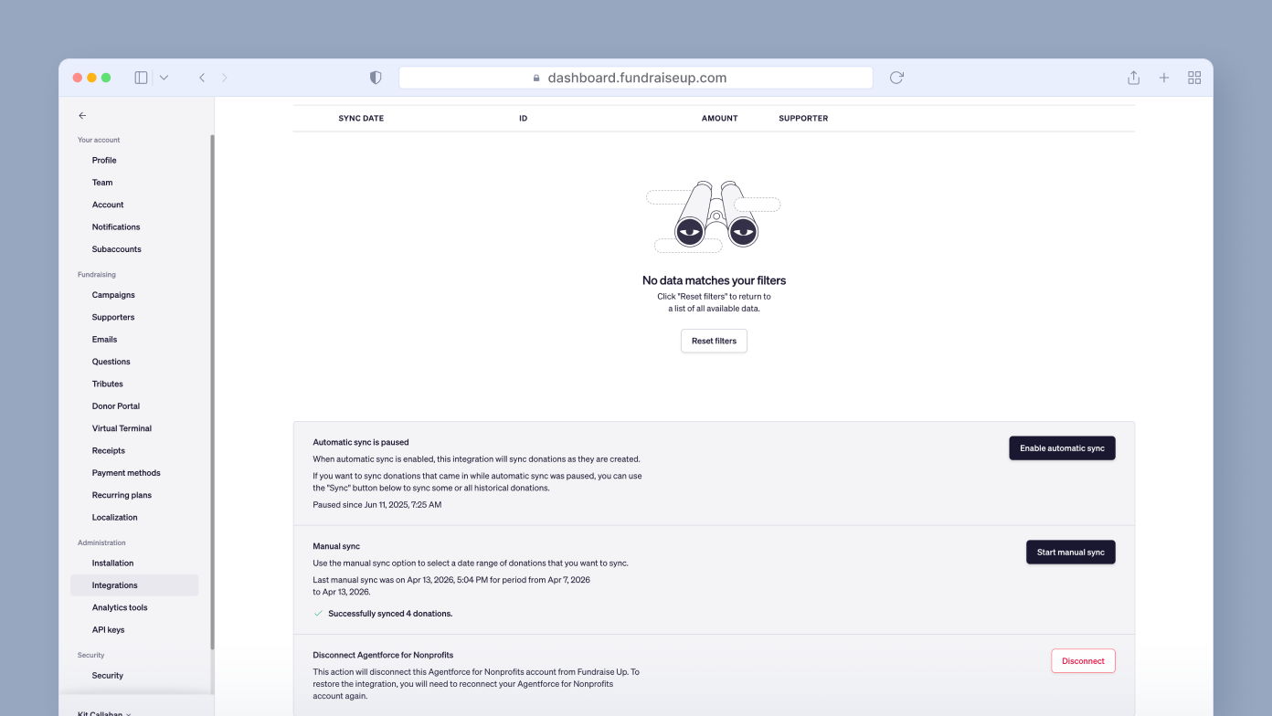 No data matches your filters. Options to enable automatic sync or start manual sync for donations are available. A button to reset filters is also present.