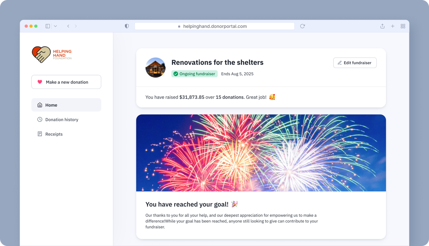 Fundraising page for shelter renovations showing a total raised of $31,873.85 from 15 donations. A celebratory message indicates the fundraising goal has been reached, accompanied by colorful fireworks graphics.
