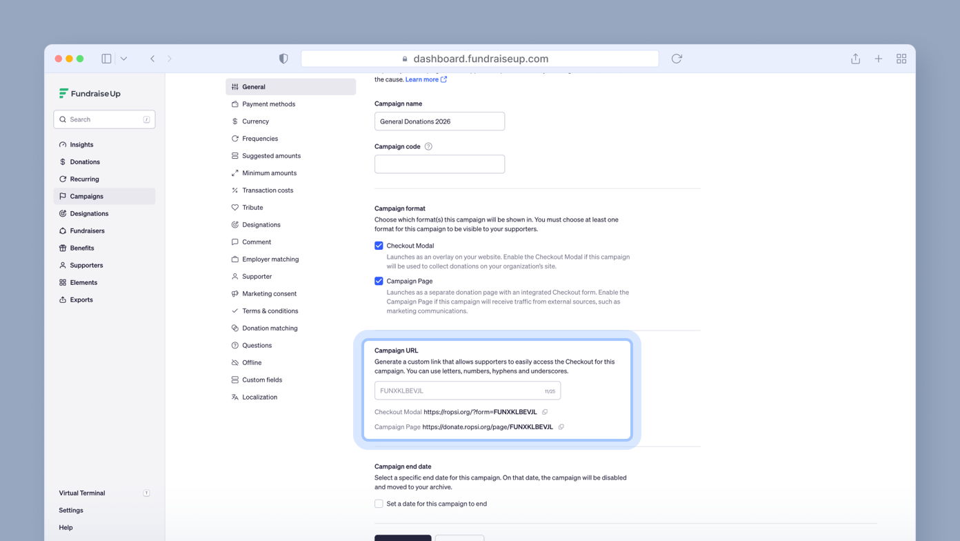 Fundraise Up dashboard displaying campaign settings, including fields for campaign name, currency, campaign code, and a highlighted campaign URL for easy access.