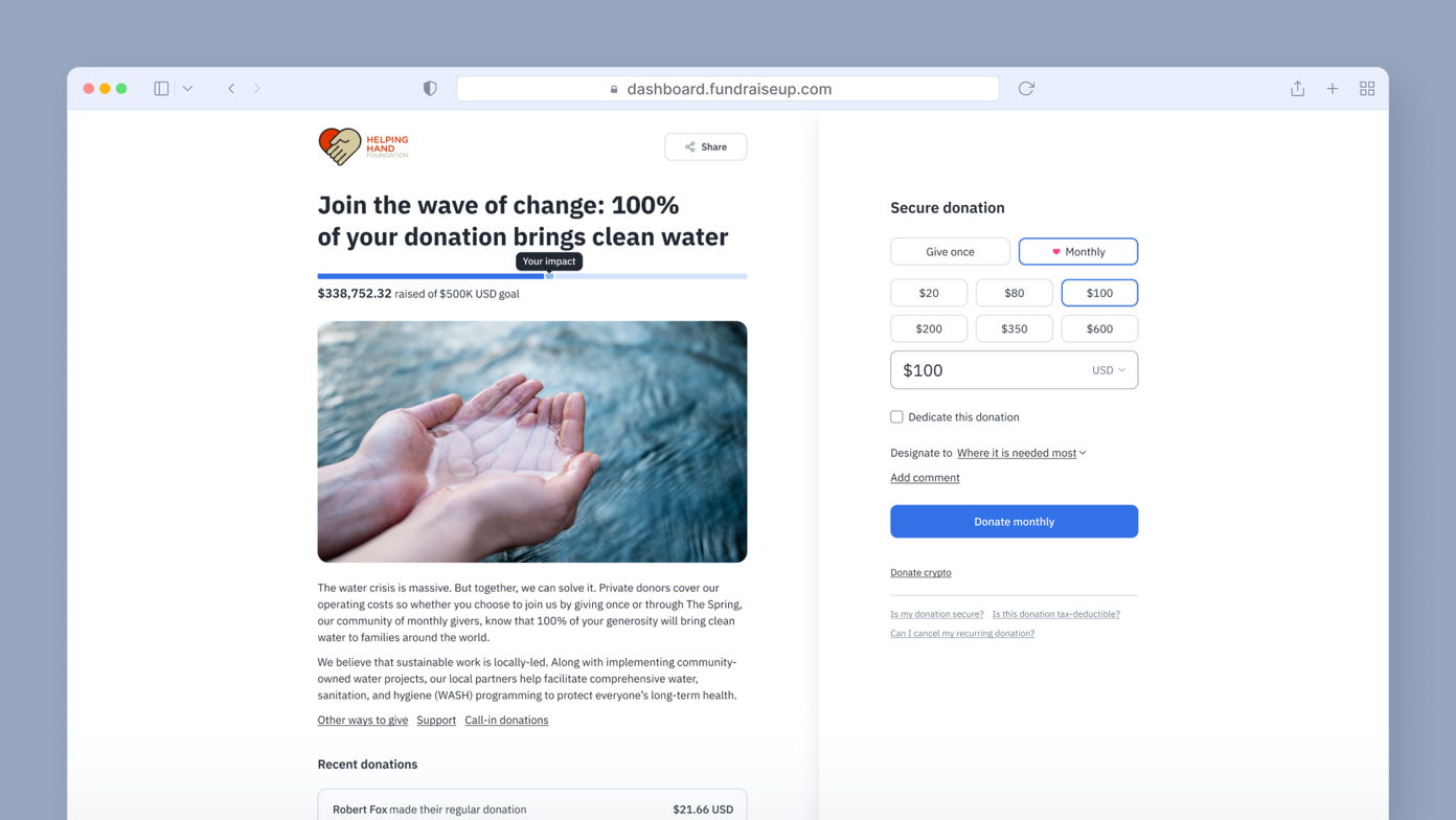 Hands cupping water, symbolizing the impact of donations on providing clean water. Text highlights fundraising progress and options for secure donations on the right side.
