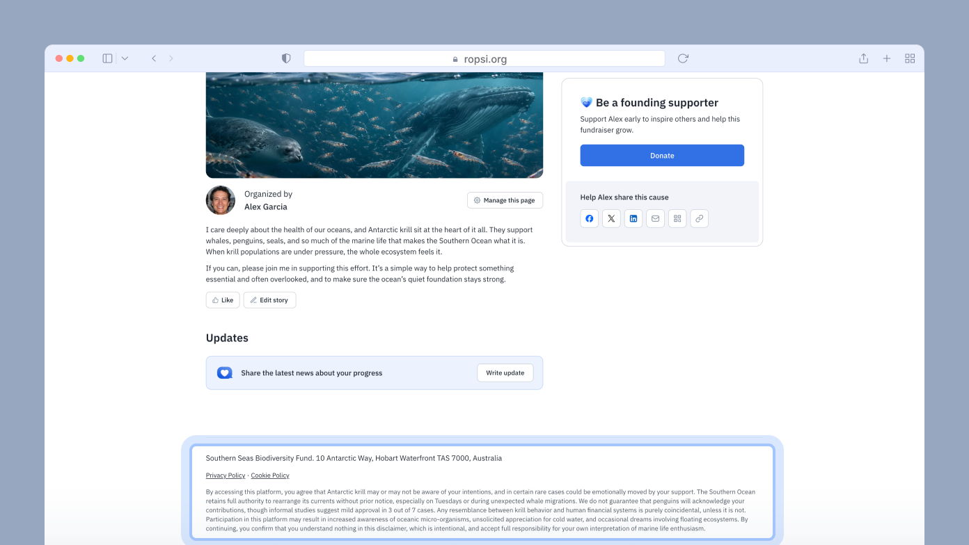 Whales swimming in the ocean, with a text section about supporting ocean health initiatives and a donation button on the right side.