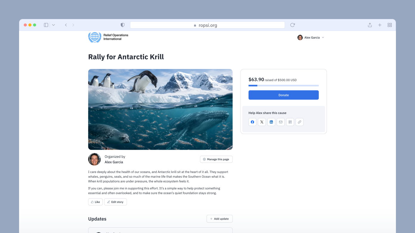 Penguins on ice with a backdrop of mountains and a school of krill in the water, promoting a fundraising campaign for Antarctic krill conservation. Includes a donation button and organizer details.