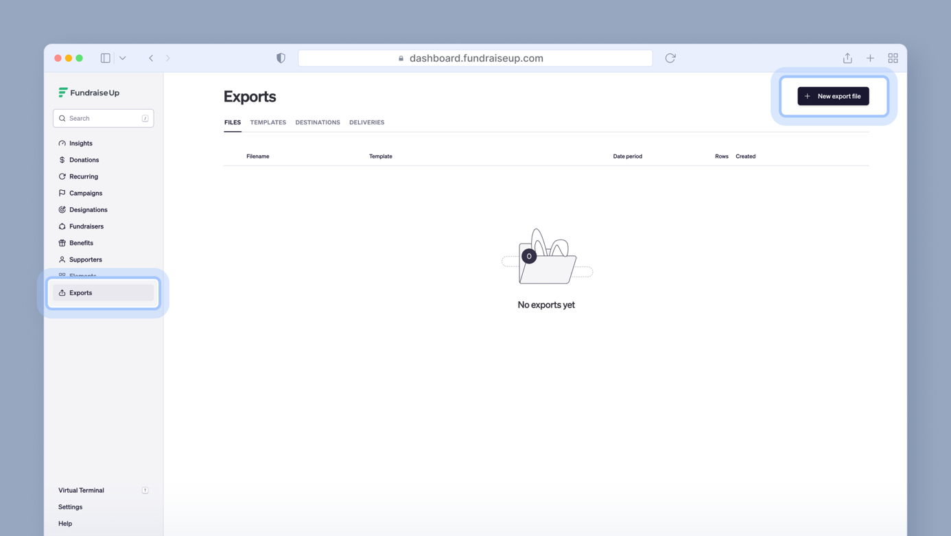Exports page with a message indicating "No exports yet" and a button labeled "New export file" for creating a new export. A sidebar shows navigation options including "Insights," "Donations," and "Recurring."