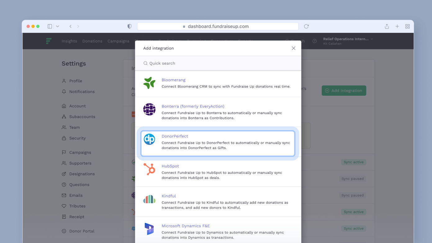 Integration options for Fundraise Up, highlighting DonorPerfect for syncing donations. Other options include Bloomerang, Bonterra, HubSpot, Kindful, and Microsoft Dynamics FAE.