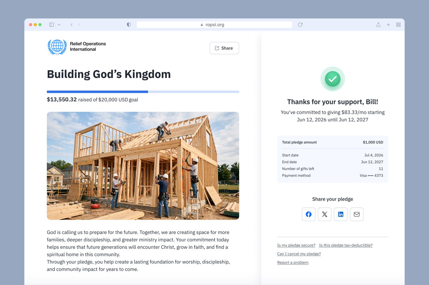Construction workers building a wooden structure, with partially completed walls and roof, on a sunny day. A progress bar indicates $13,550.32 raised toward a $20,000 goal for a community project.