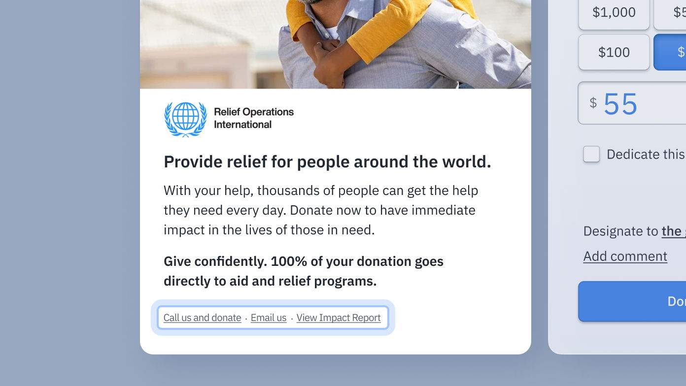 Relief Operations International donation page promoting global aid. Text highlights the impact of donations and assures 100% goes to relief programs. Includes options to call, email, or view an impact report. Donation amount displayed as $55.