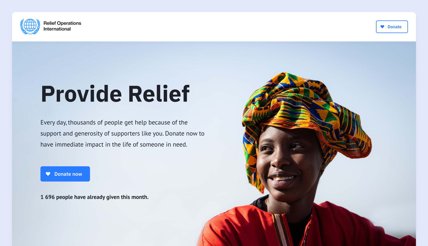 Smiling individual wearing a colorful patterned headwrap and red garment, alongside a call to action for donations to support relief efforts. Text encourages immediate impact on those in need.