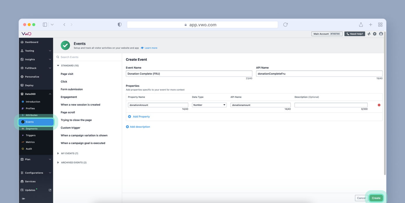 Create Event form in a web application, displaying fields for event name, API name, and properties including data type and description. Menu on the left shows navigation options like Events and Triggers.