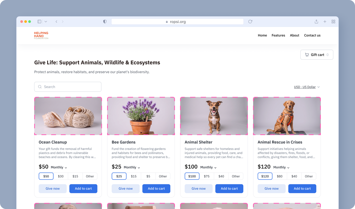 Support options for animal and environmental initiatives displayed on a website. Each option includes a title, description, and monthly donation amounts. Featured categories include Ocean Cleanup, Bee Gardens, Animal Shelter, and Animal Rescue in Crises.