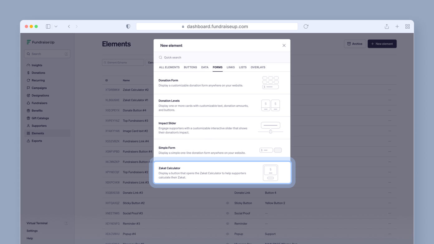 Zakat Calculator option in a web interface, highlighting its purpose to help users calculate their Zakat contributions. Other form elements are also listed above it.