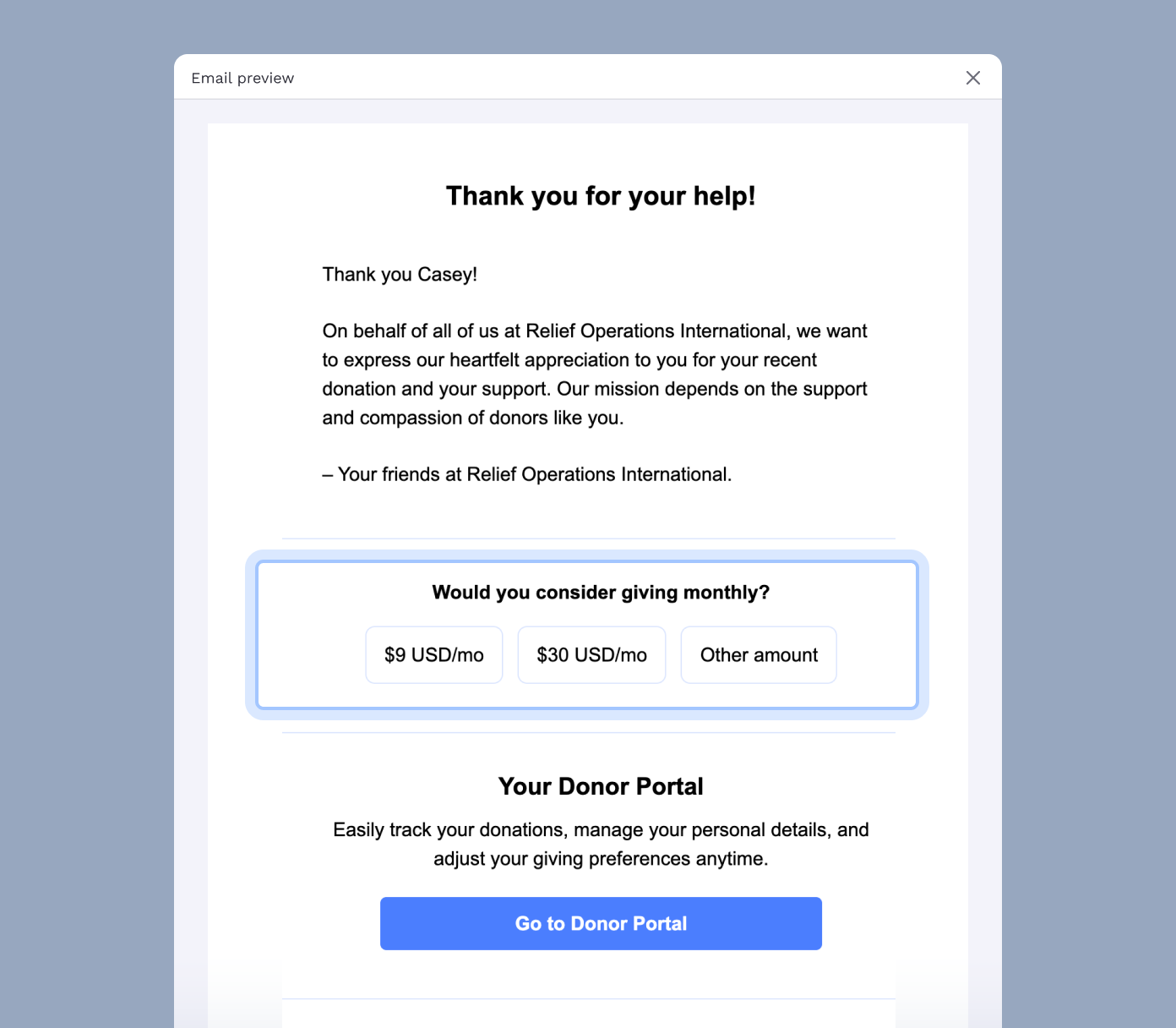 Thank you email from Relief Operations International, expressing appreciation for a donation. It includes options for monthly contributions of $9 or $30, or an alternative amount, and a button to access the donor portal.