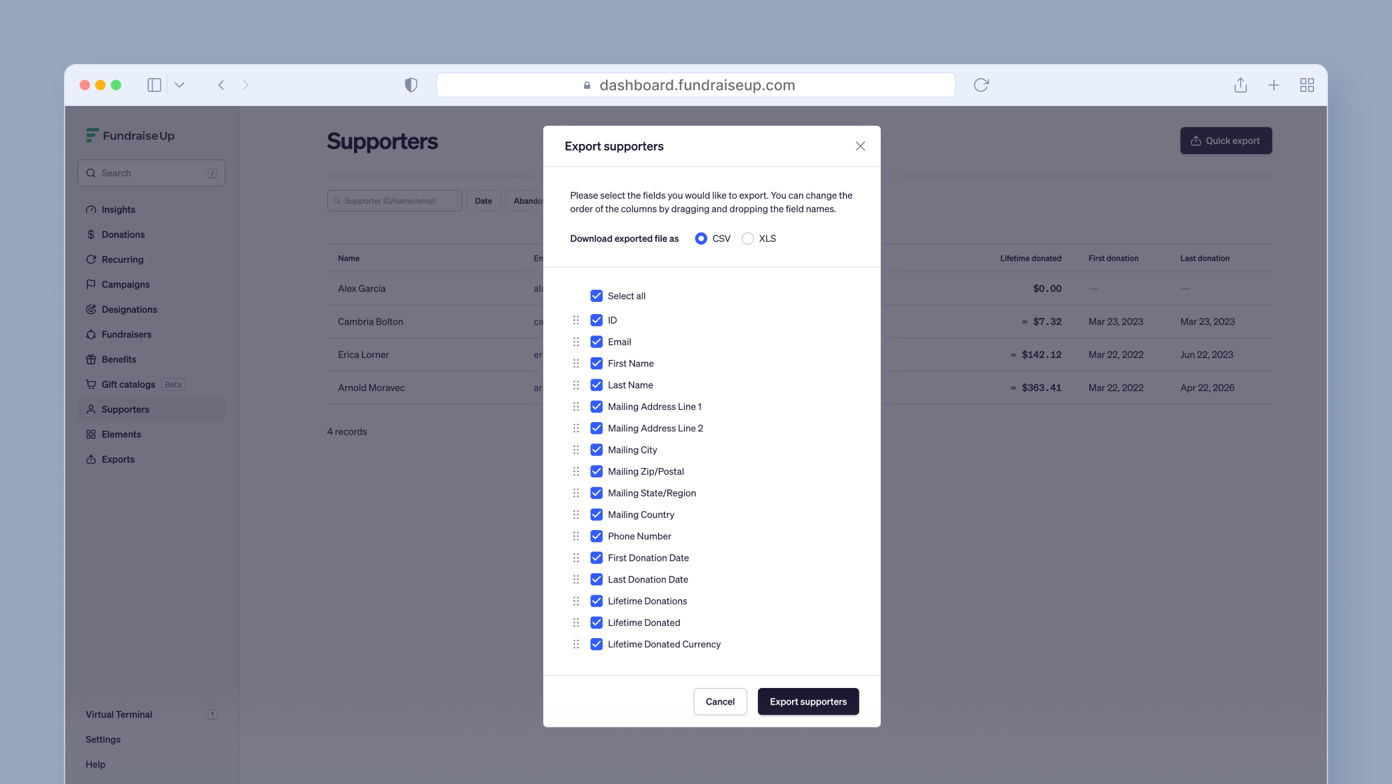 Export options for supporter data, including fields like email, name, address, and donation history. Options to download in CSV or XLS format. Buttons for selecting all fields and exporting data are visible.