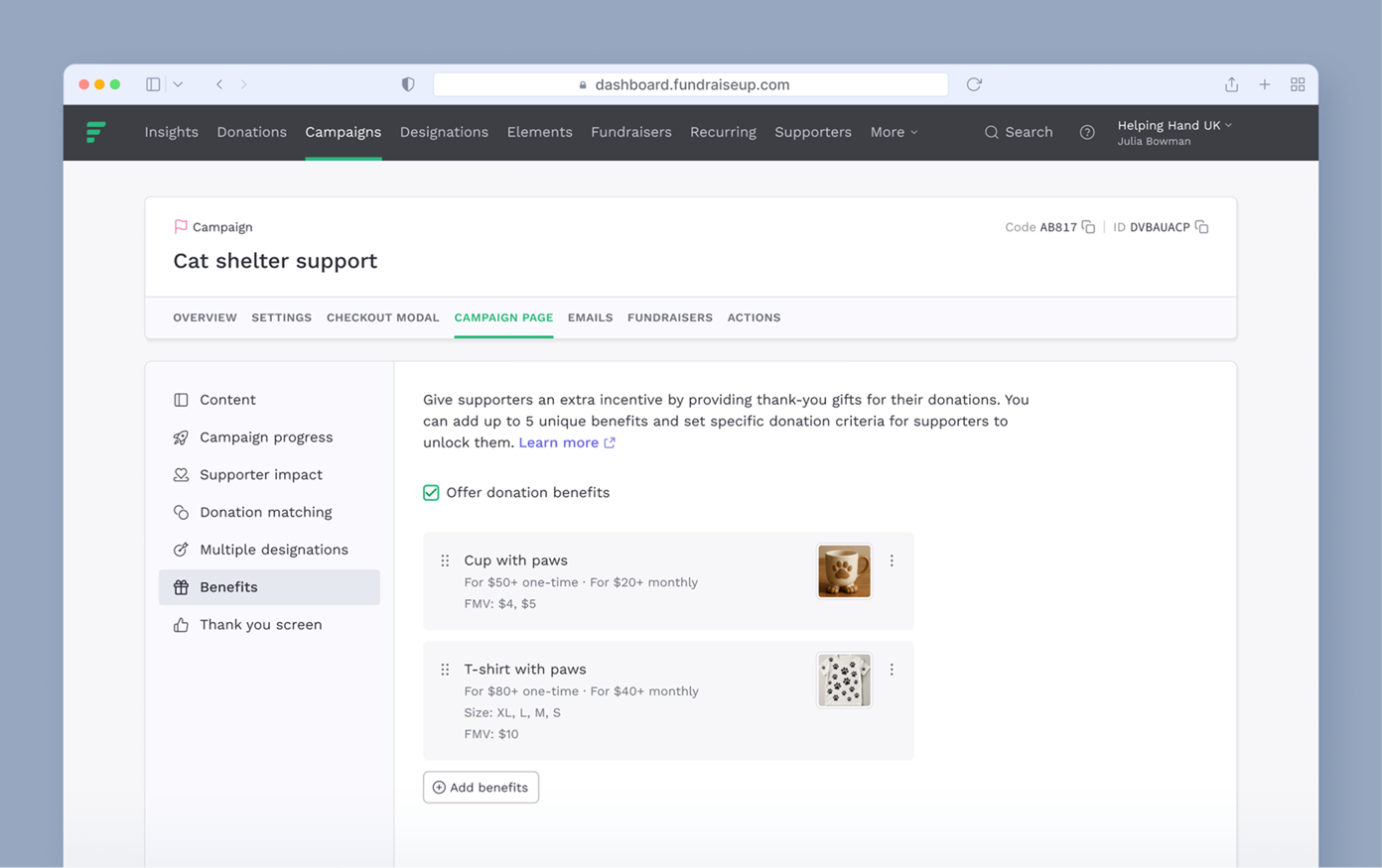 Campaign page for "Cat shelter support" displaying donation benefits. Includes options for a "Cup with paws" for $5.45 and a "T-shirt with paws" for $10, with specified donation amounts required for each.
