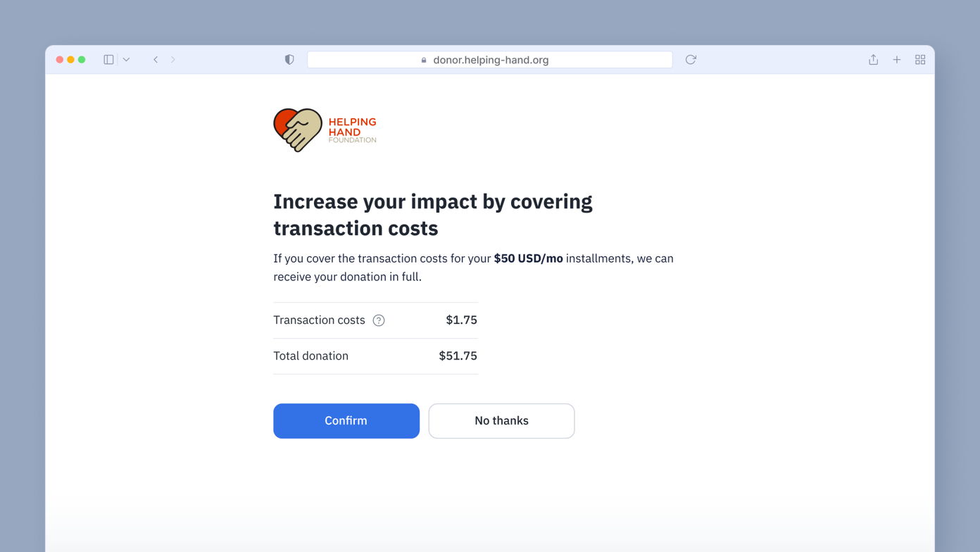 Donation form prompting users to cover transaction costs, showing $1.75 for transaction fees and a total donation of $51.75. Options to confirm or decline are provided.