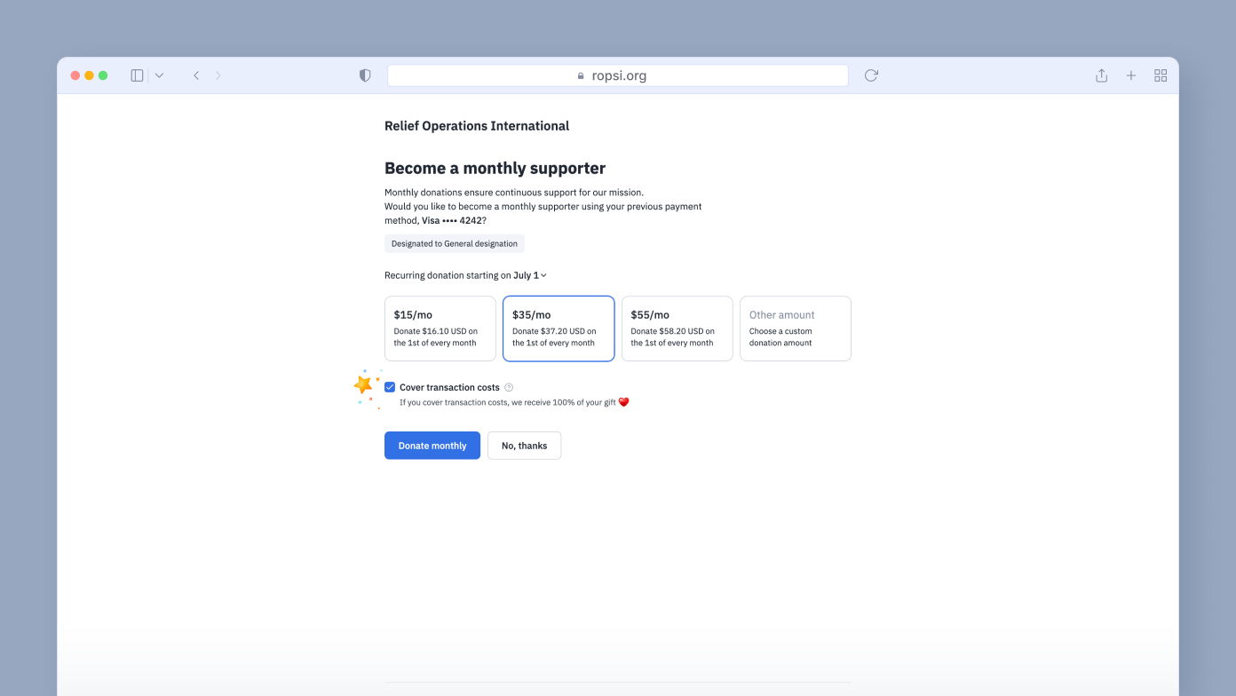 Monthly donation options for Relief Operations International: $15, $35, and $55, with an option for a custom amount. Button to donate monthly and an option to decline.