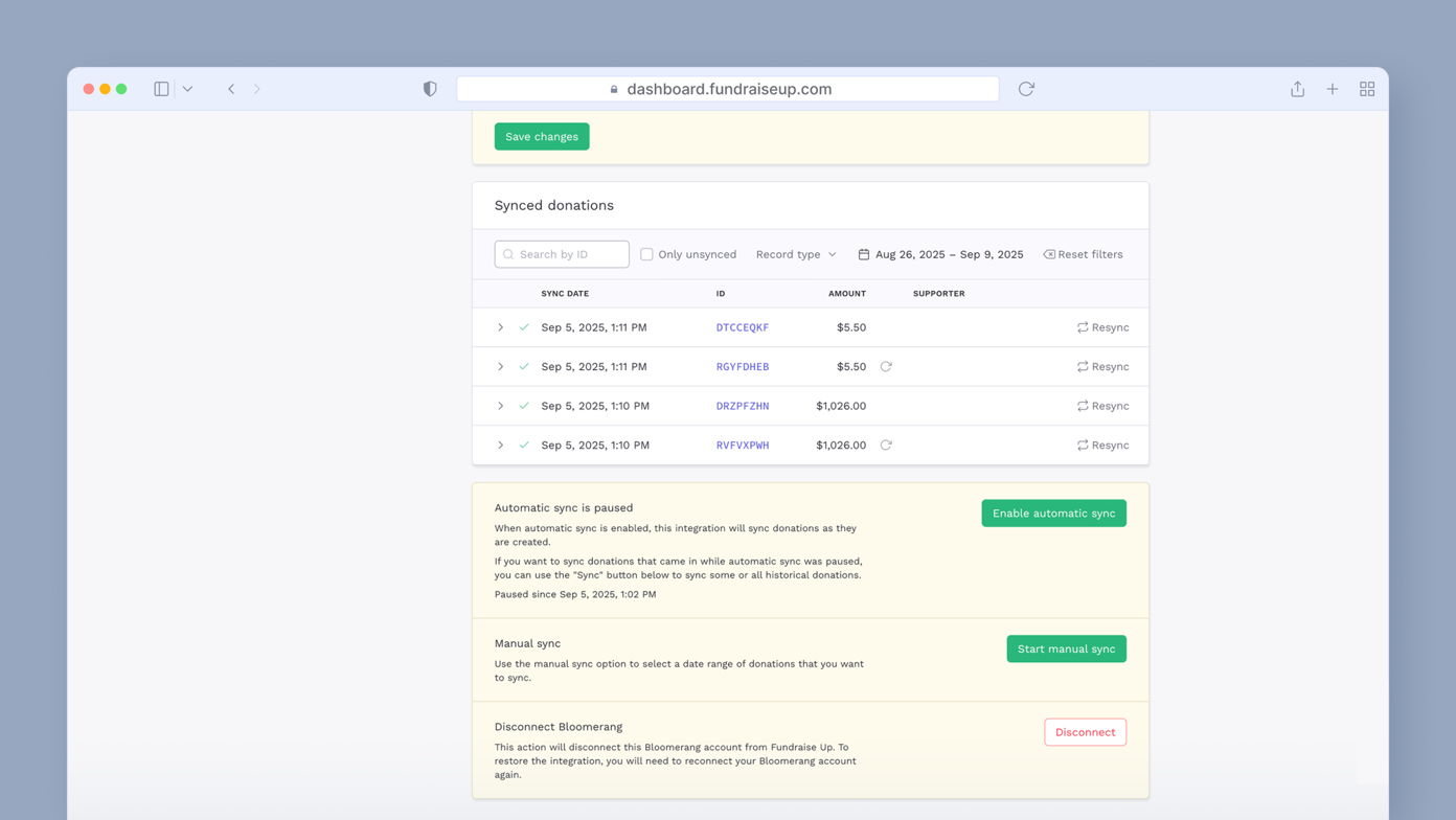 Synced donations table displaying date, ID, amount, and supporter details. Options for enabling automatic sync, starting manual sync, and disconnecting Bloomerang integration are provided.