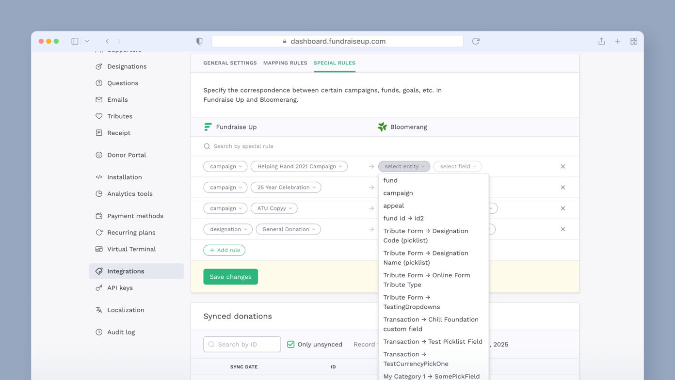 Settings page for mapping rules between Fundraise Up and Bloomerang, showing options to select entities and fields for syncing donations, with a "Save changes" button at the bottom.
