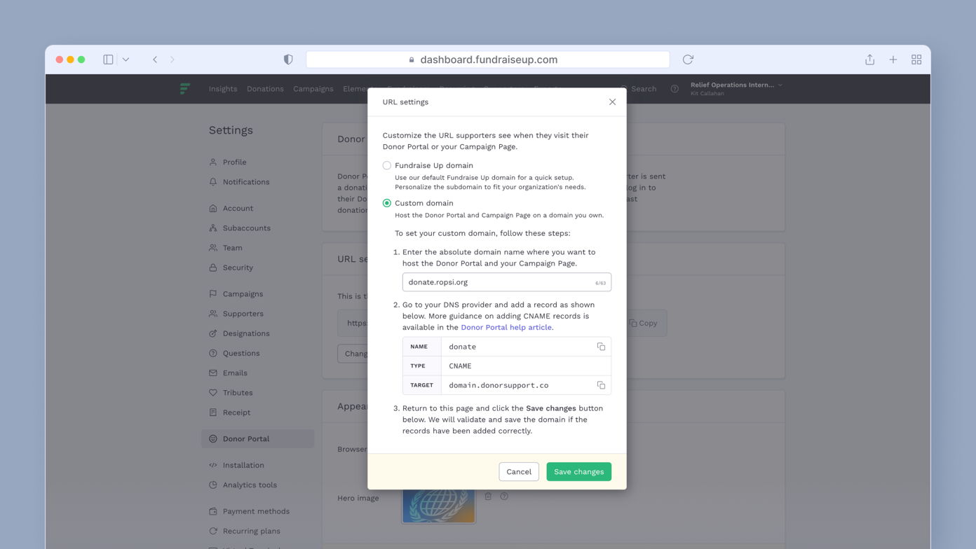 URL settings for customizing donor portal links, including fields for domain name and instructions for adding a CNAME record. Options to save changes are visible at the bottom.