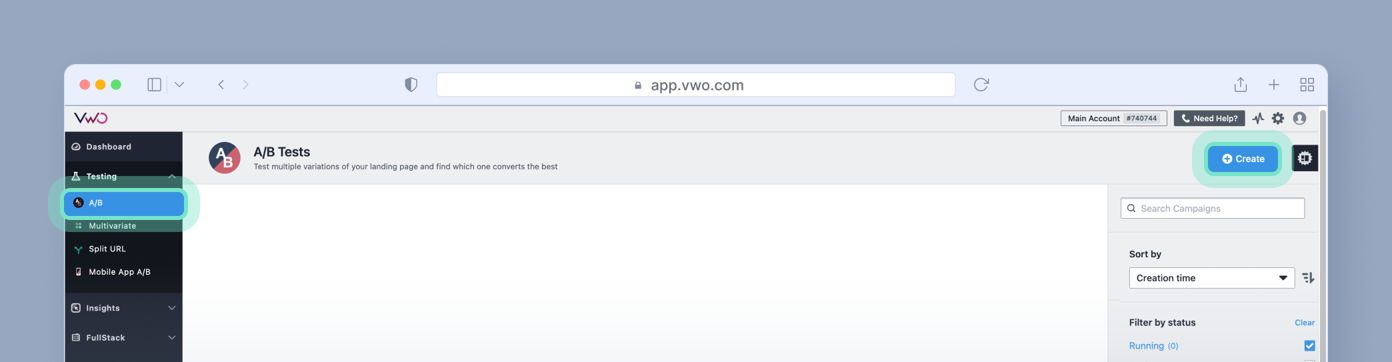 VWO dashboard displaying the A/B Tests section with options to create a new test and filter campaigns by status. Navigation menu on the left includes Testing and Workflows.