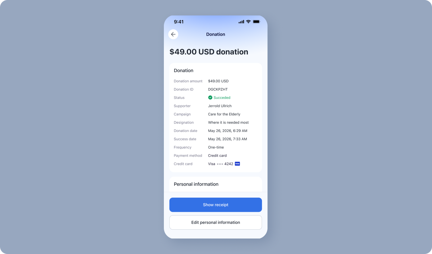 Donation confirmation screen displaying a $49.00 USD donation. Key details include donation ID, status as "Succeeded," supporter name, campaign title, payment method, and options to show or edit personal information.
