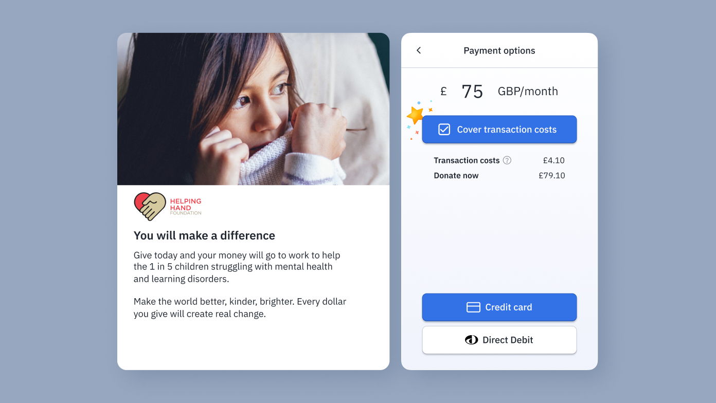 A child with long hair rests their chin on their hand, accompanied by a message about supporting children with mental health issues. On the right, payment options display a monthly donation of £75, including transaction costs and buttons for payment methods.