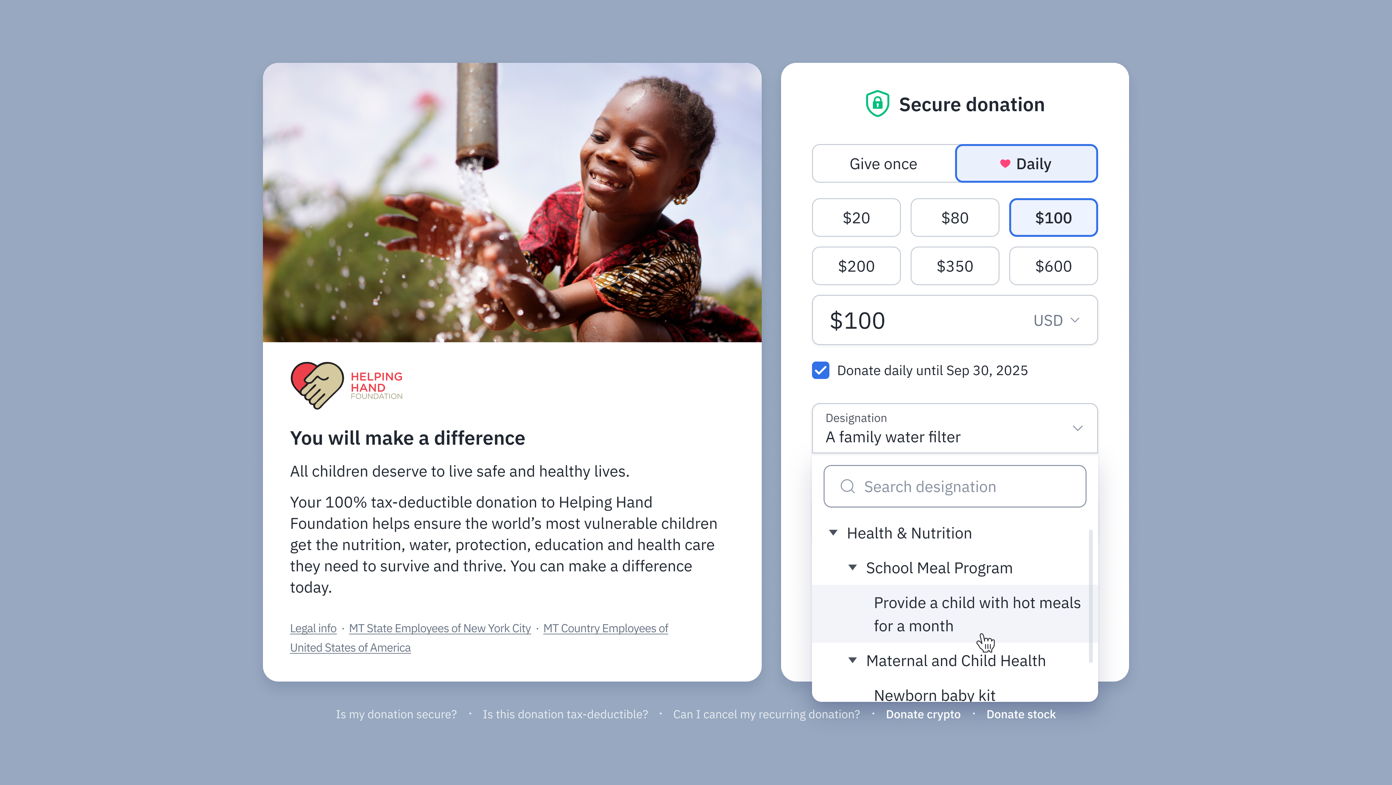 Smiling child reaching for water from a tap, alongside a donation form for Helping Hand Foundation, offering options for recurring donations and project designations like health and nutrition programs.