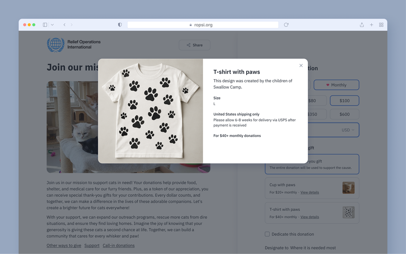 T-shirt featuring a paw print design, available in size large. Information about shipping and donation details is provided in a pop-up.