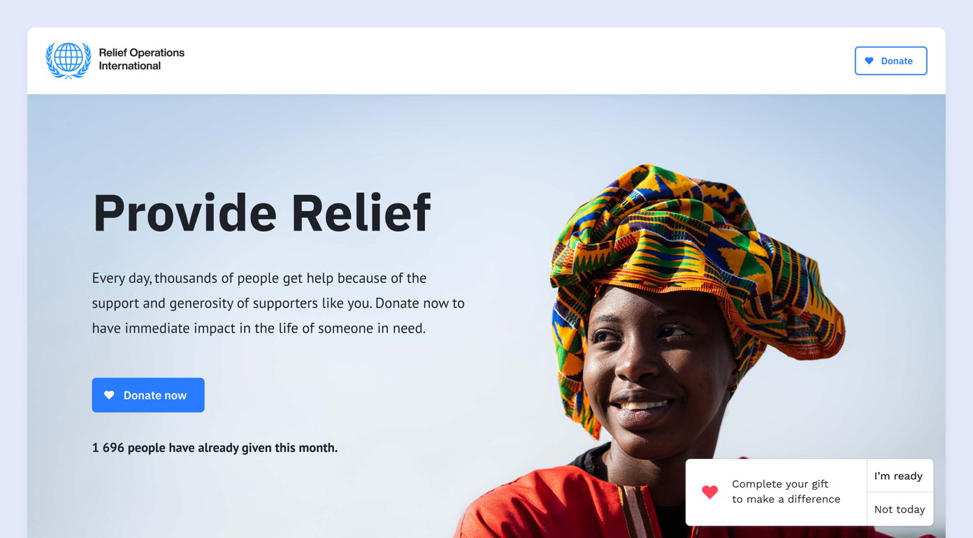 Smiling woman wearing a colorful headwrap, promoting a donation campaign for Relief Operations International. Text encourages donations to support people in need, with a button to donate and a statistic about previous contributions.