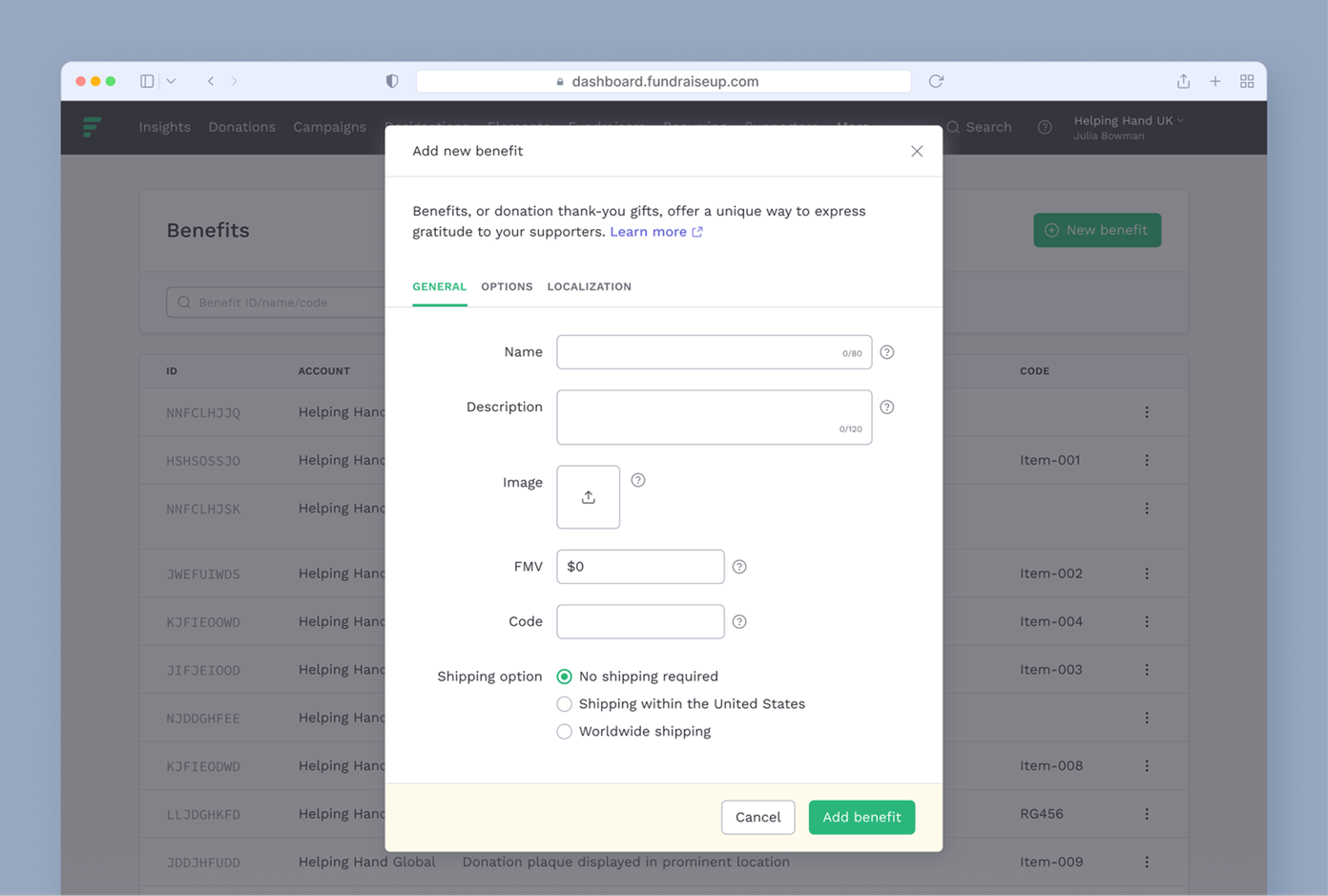 Form for adding a new benefit, including fields for name, description, image upload, fair market value, code, and shipping options. A "Add benefit" button is at the bottom, with options for shipping requirements.