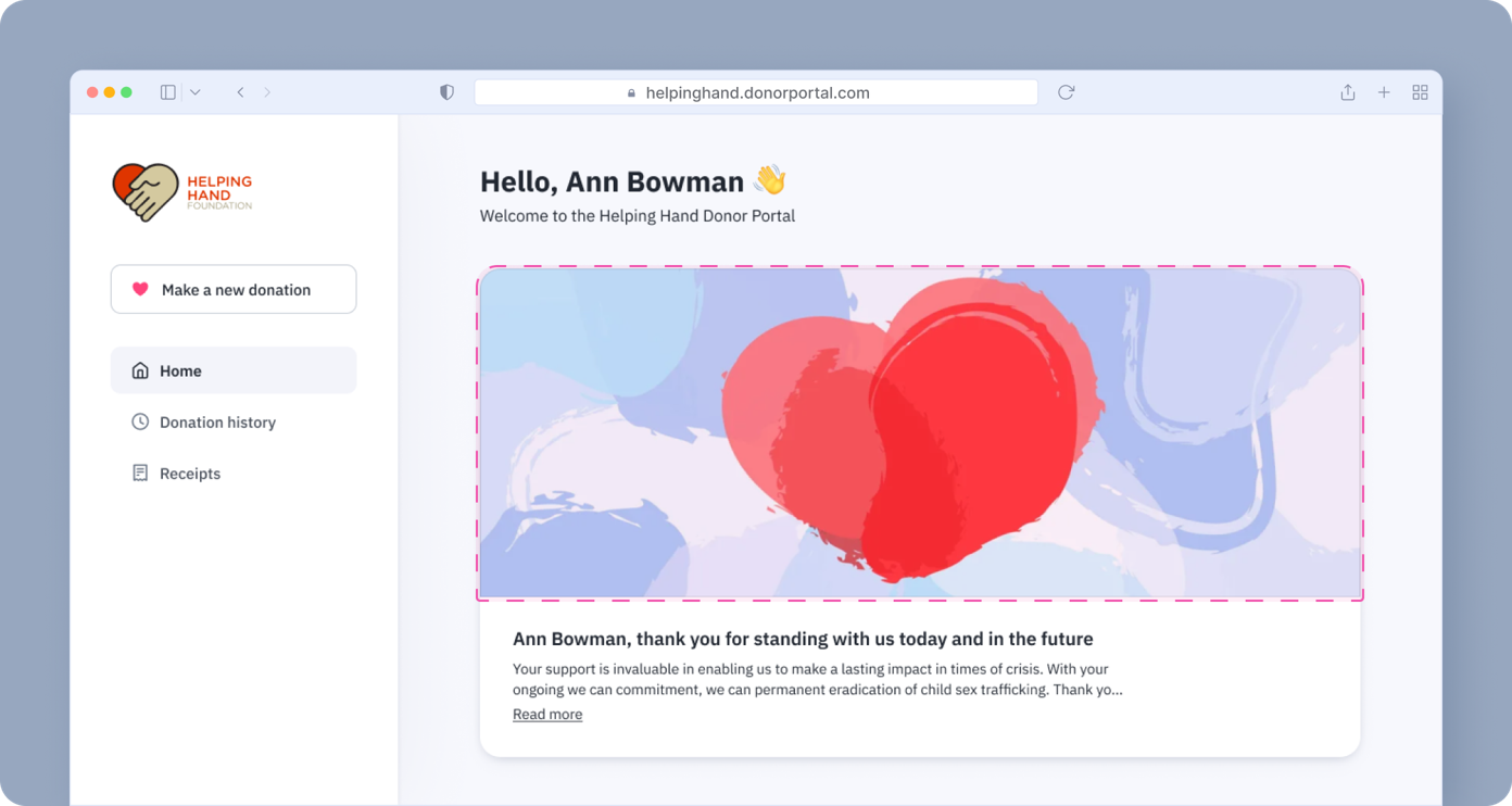 Welcome message for a donor portal, featuring a heart graphic and a thank-you note for support in addressing child trafficking. Options to make a donation, view donation history, and access receipts are available on the left.