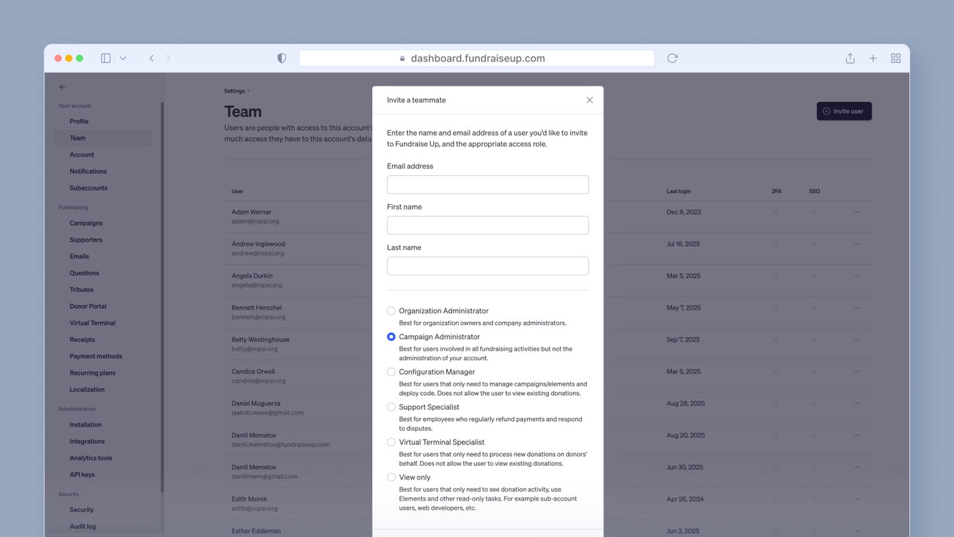 Invite a teammate form with fields for email address, first name, last name, and role selection, including options like Organization Administrator and Campaign Administrator. A list of team members with last login dates is visible on the left.