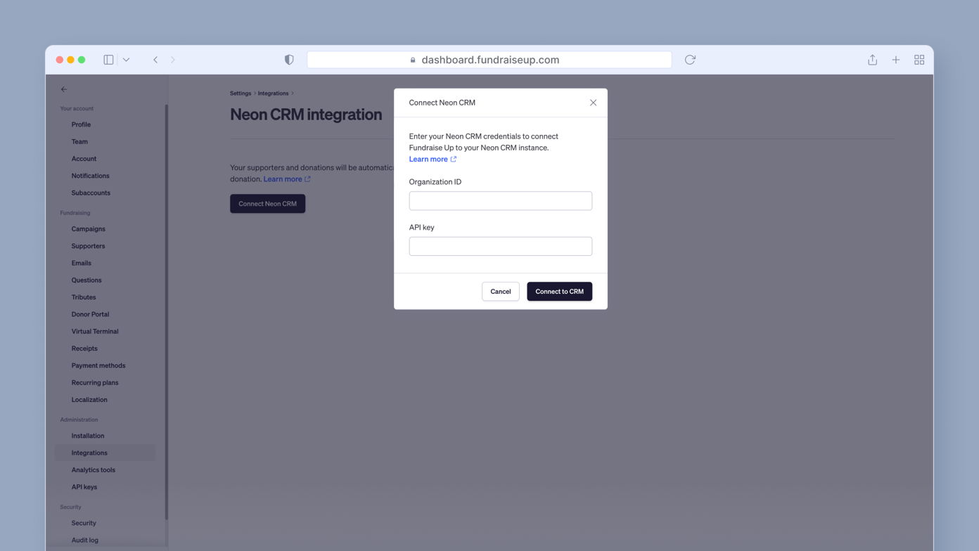 Connect Neon CRM integration pop-up with fields for Organization ID and API key, along with "Cancel" and "Connect to CRM" buttons. Instructions for entering credentials are provided.
