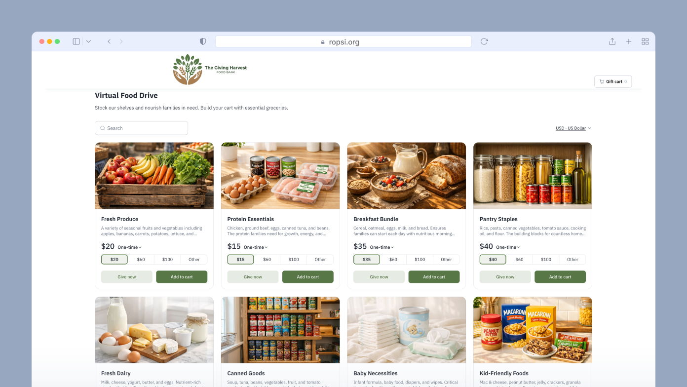 Virtual food drive webpage displaying various grocery items for donation, including fresh produce, protein essentials, breakfast bundles, pantry staples, dairy, canned goods, baby necessities, and kid-friendly foods with pricing options.