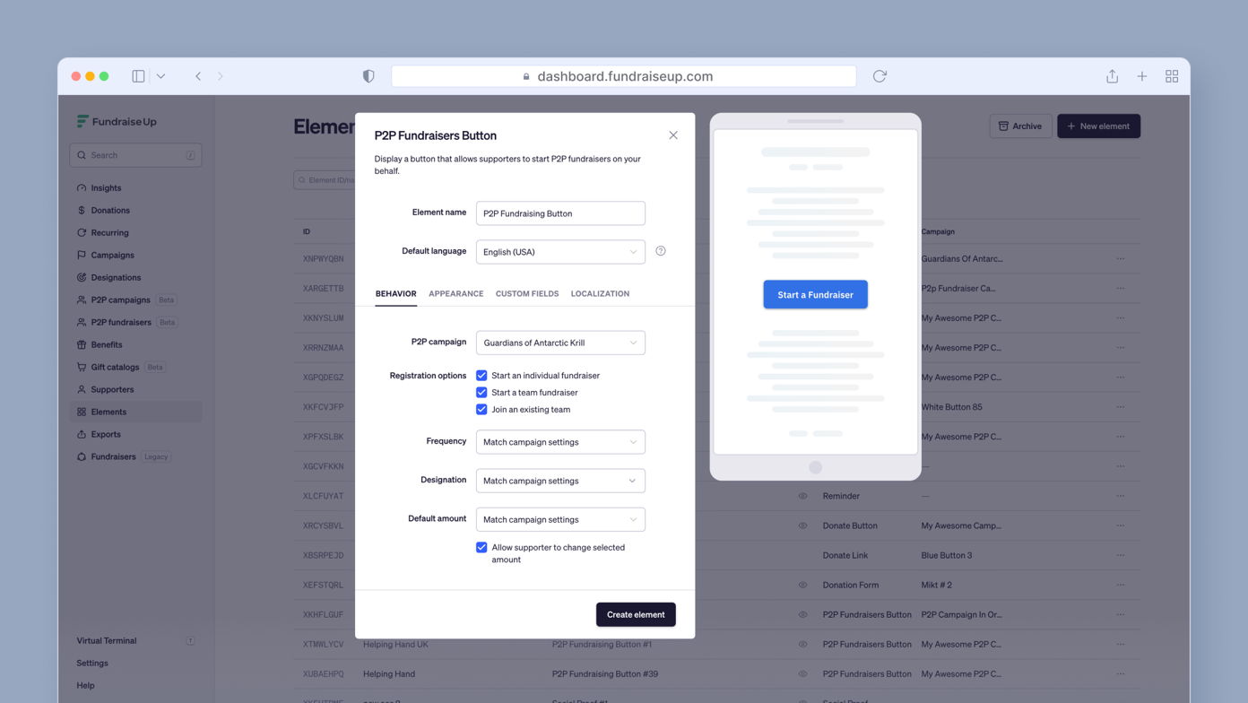 P2P Fundraisers Button settings interface, showing options for element name, default language, campaign details, registration options, frequency, designation, and a preview of the button labeled "Start a Fundraiser."