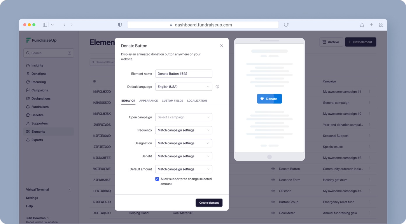 Donation button configuration interface with options for element name, default language, campaign selection, frequency, and settings. A blue "Donate" button is displayed on the right side.