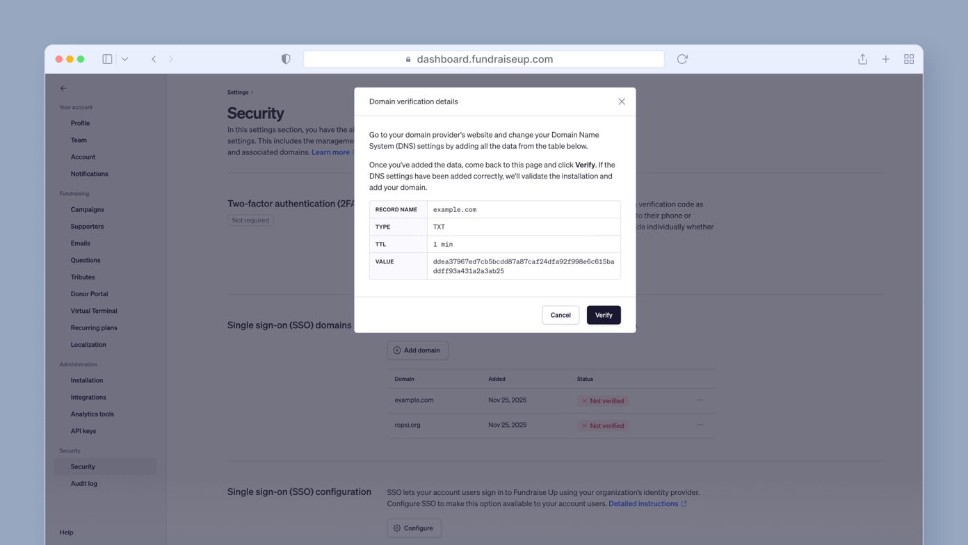 Domain verification details for example.com, including record name, type, title, and value. Options to cancel or verify the information are available. The background shows a dashboard interface with security settings.