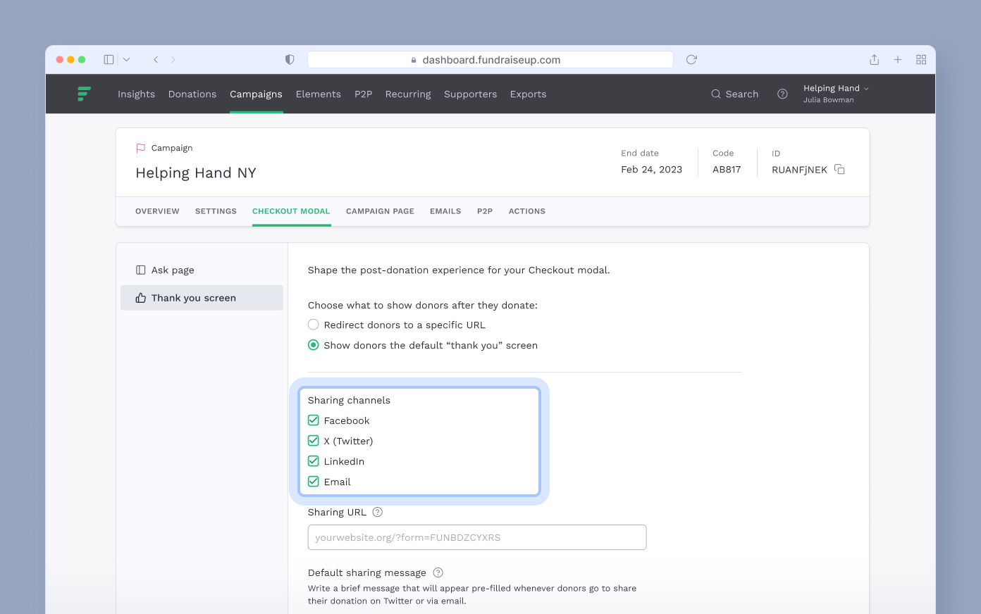 Checkout modal settings for the "Helping Hand NY" campaign, showing options for post-donation experiences. Includes sharing channels: Facebook, X (Twitter), LinkedIn, and Email, with a field for a sharing URL.