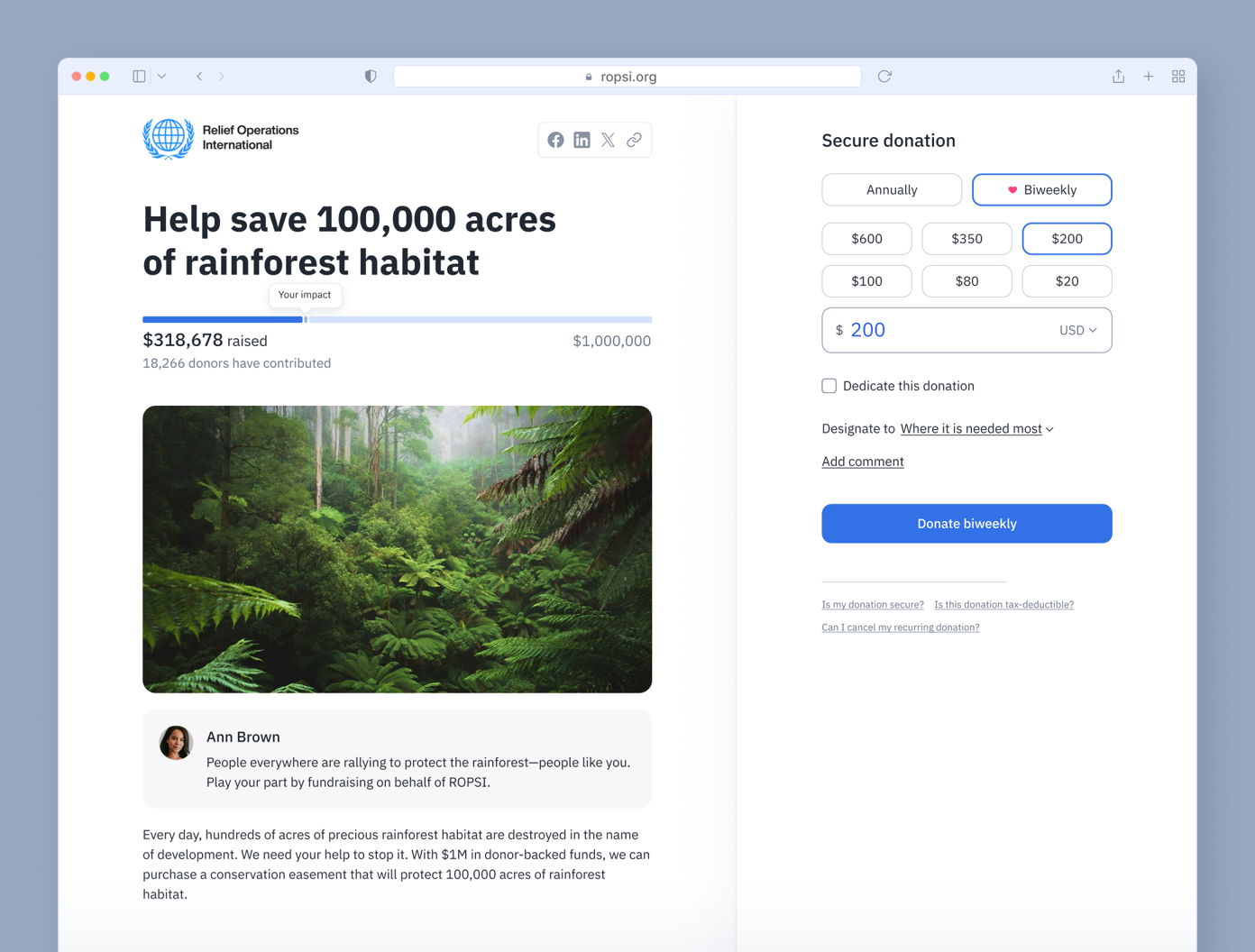 Donation page for rainforest conservation, showing $318,678 raised towards a $1,000,000 goal. A lush rainforest image is displayed alongside a donation form with options for amounts and frequency. Text highlights the urgency of protecting rainforest habitat.