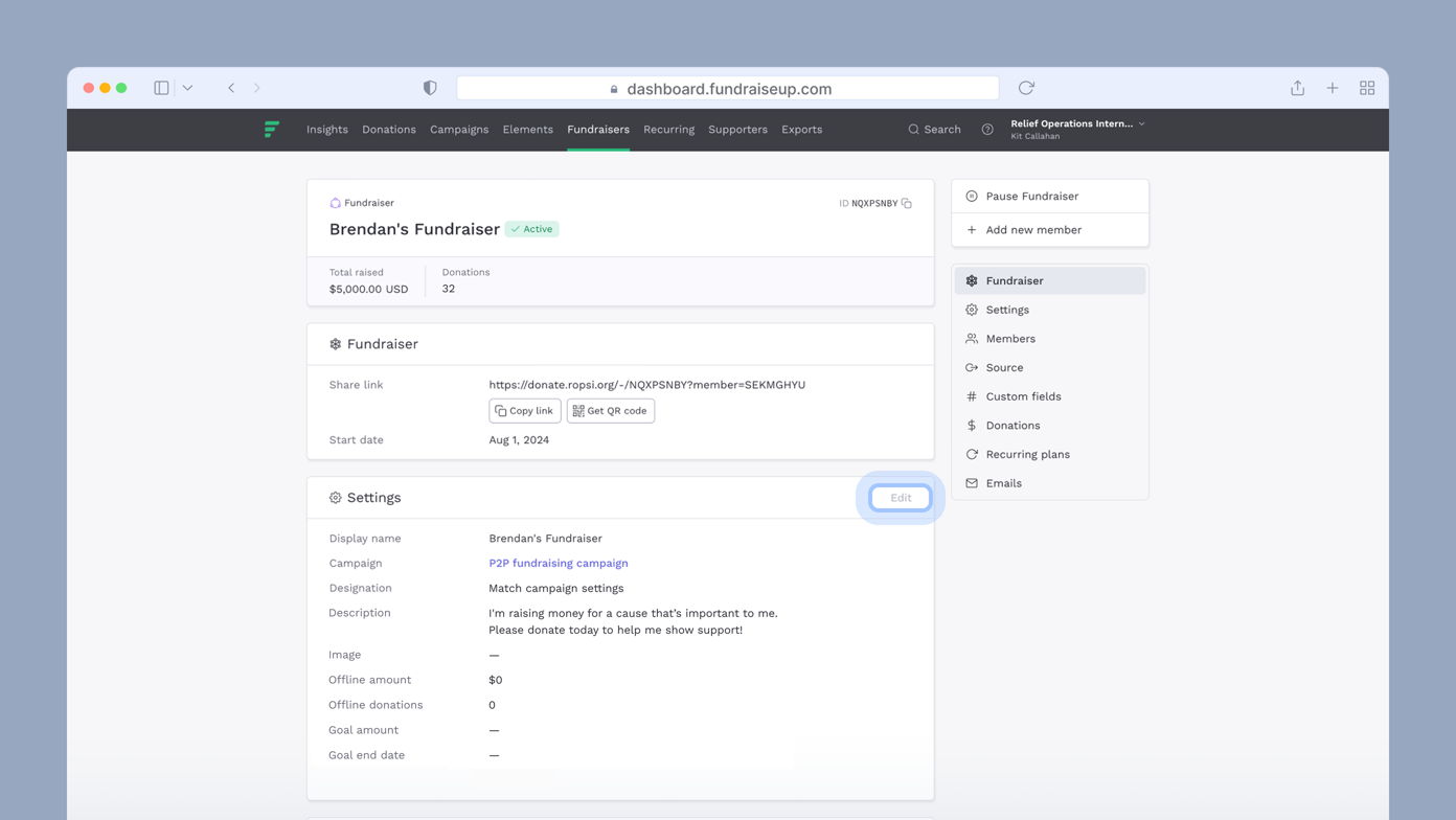 Brendan's Fundraiser dashboard showing total raised amount of $5,000, 32 donations, share link, and campaign details including display name, description, and goal amount. Edit option highlighted.