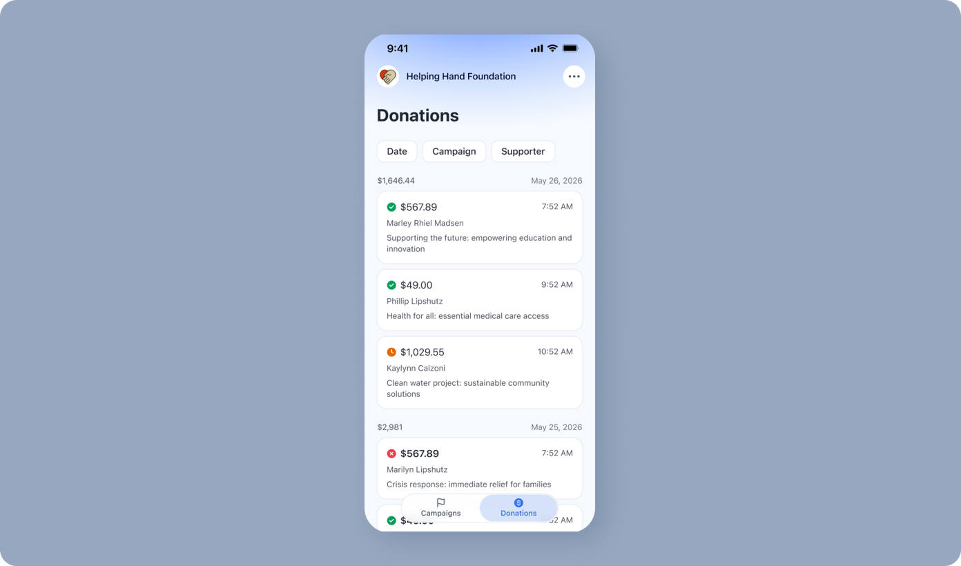 Total donations of $1,646.44 listed with details including amounts, supporter names, and campaign descriptions. Notable entries include $1,029.55 for a clean water project and $567.89 for crisis response relief.