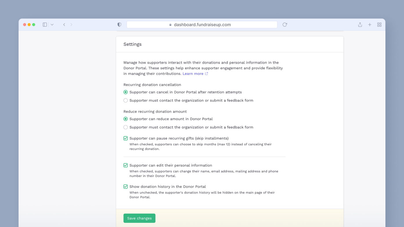 Settings for donor management, including options for recurring donation cancellation, amount reduction, pausing gifts, editing personal information, and viewing donation history. "Save changes" button at the bottom.
