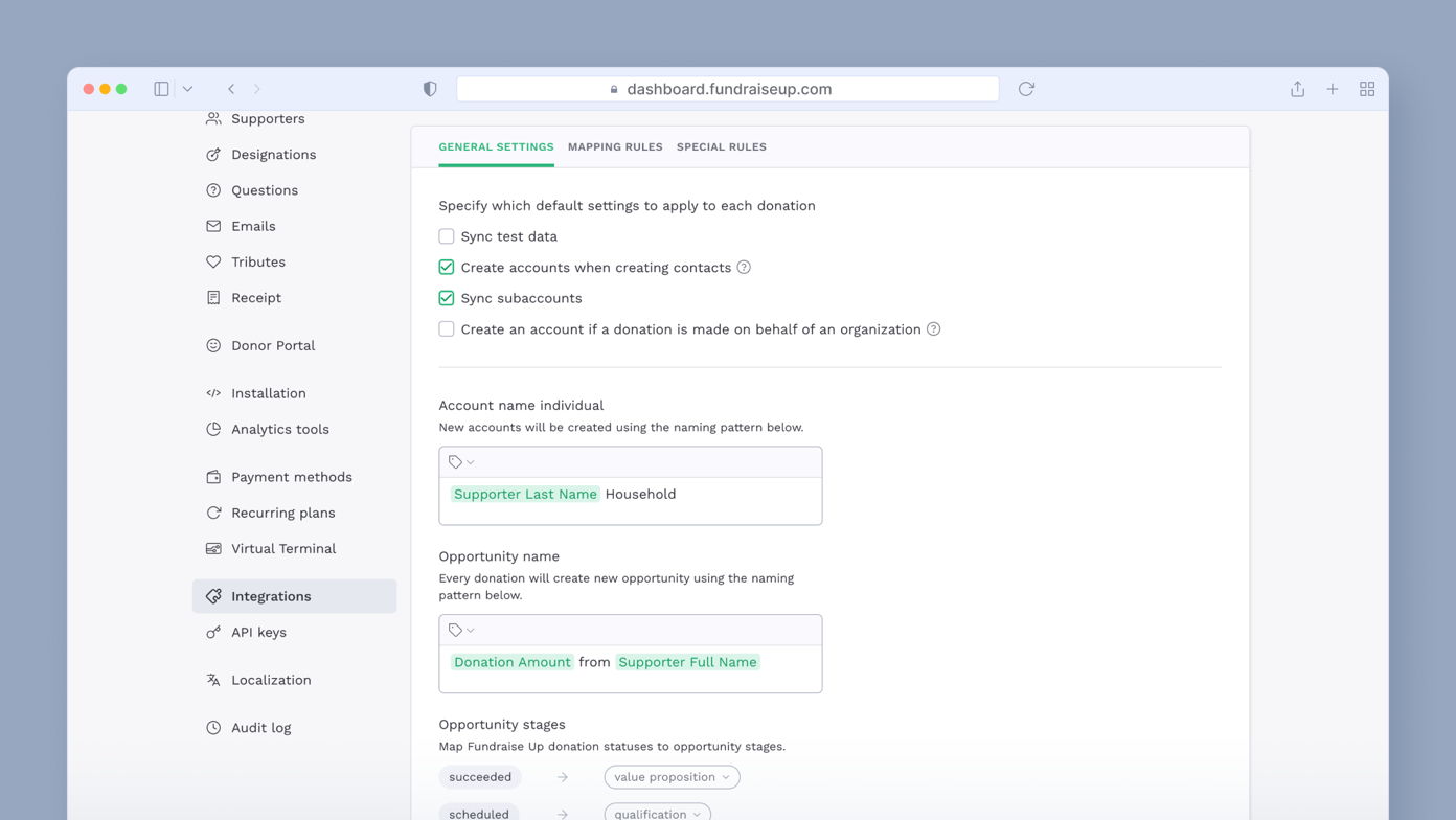 Settings page for a fundraising dashboard, detailing options for donation account management, including syncing data, creating accounts, and naming patterns for opportunities.