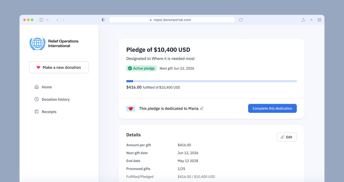 Pledge of $10,400 USD for relief operations, with $416 fulfilled. Next gift due June 12, 2026. Details include amount per gift and processed gifts count. Option to complete the dedication to Maria.