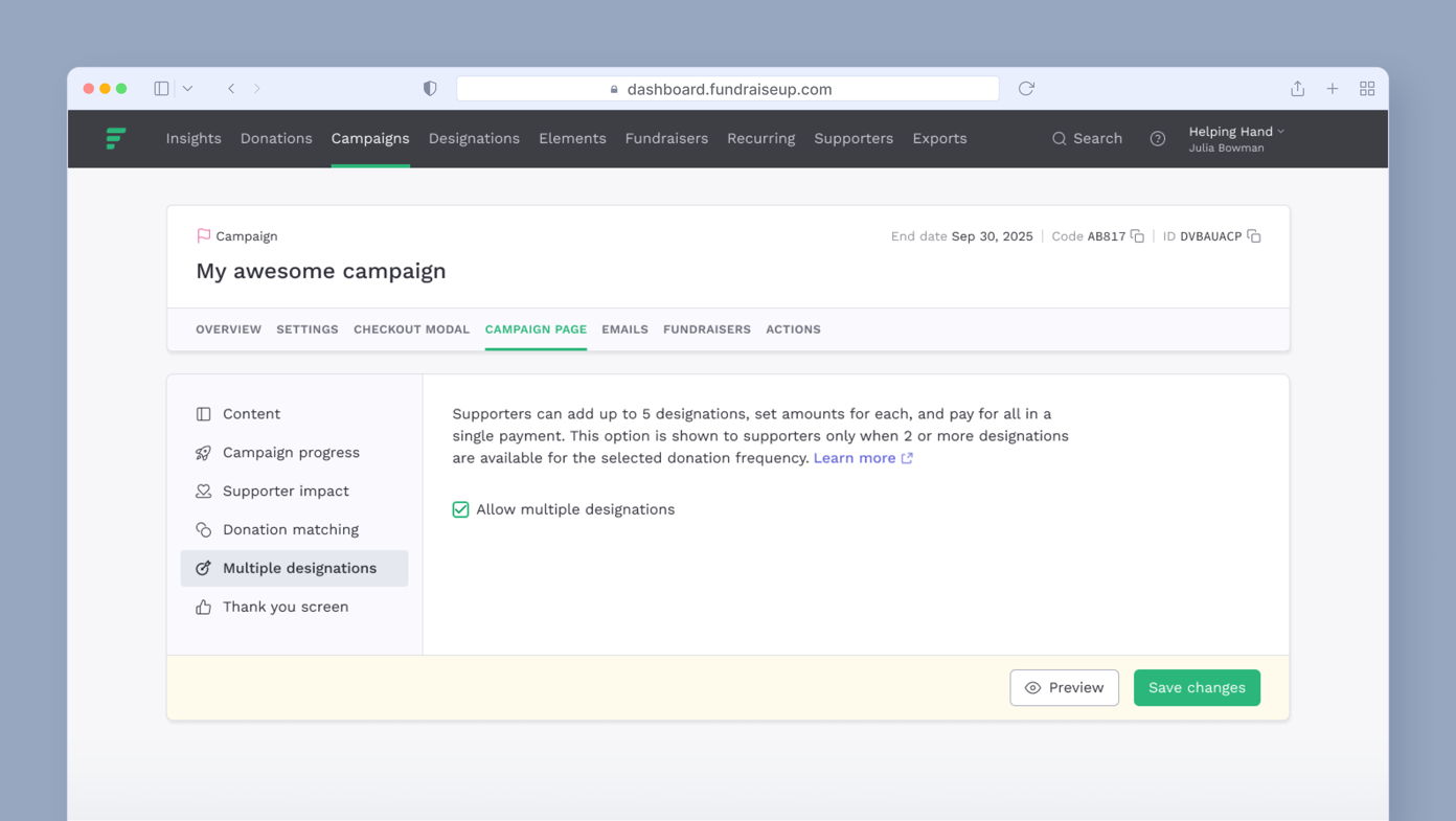 Campaign management interface displaying options for multiple designations, including settings for supporter contributions and a checkbox to allow multiple designations. Key sections include content, campaign progress, and donation matching.