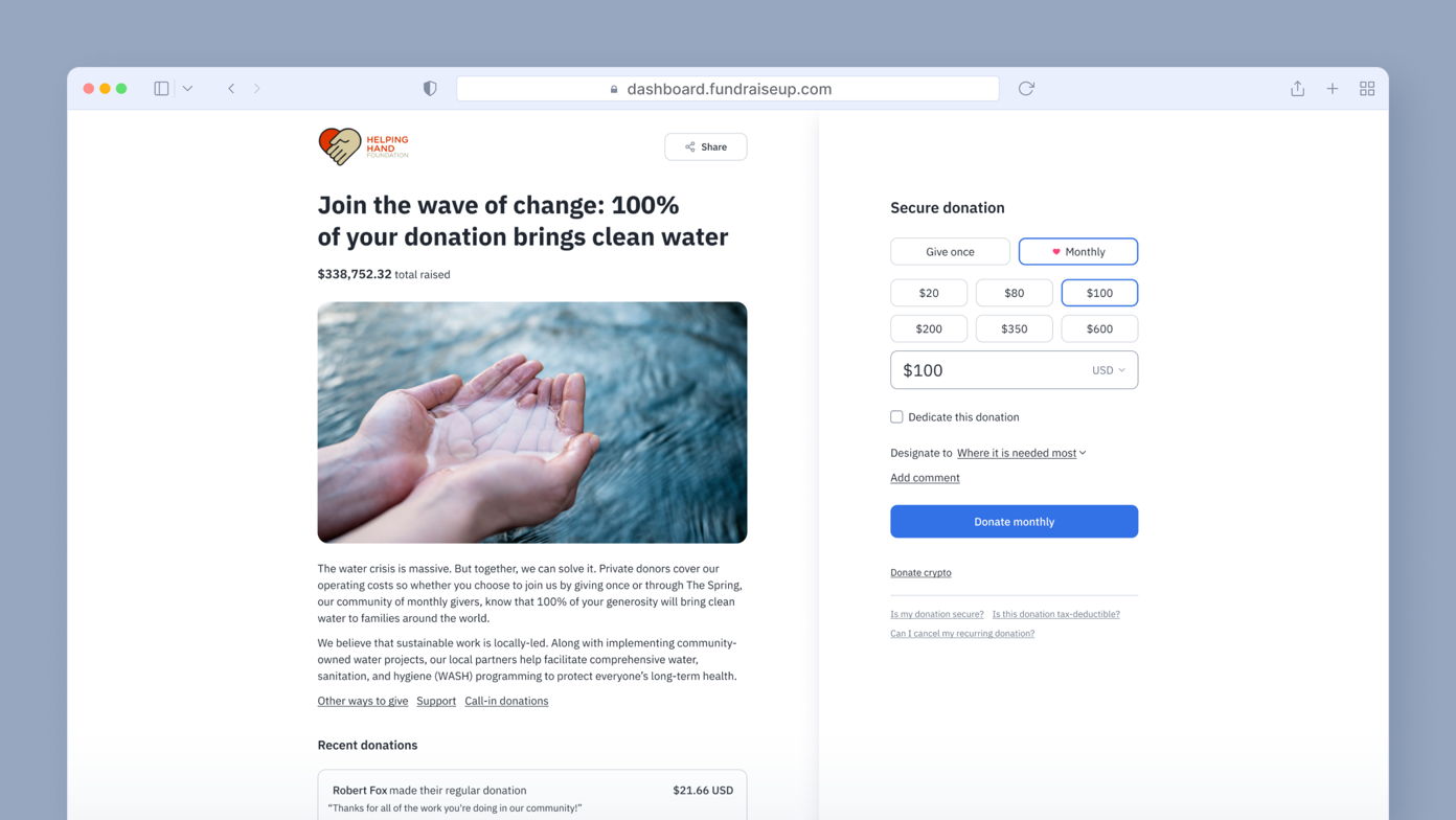 Hands cupping water, with text promoting a donation campaign for clean water. Donation options and a button for monthly contributions are visible on the right side. Total raised amount is displayed at the top.