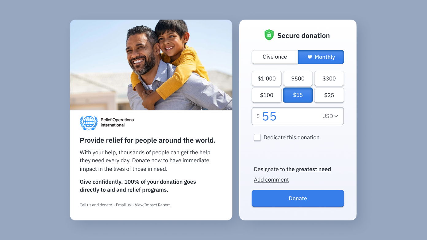 Man and child smiling together, promoting relief donations. Text highlights the impact of contributions and assures 100% goes to aid programs. Donation options include one-time or monthly amounts with a button to donate.