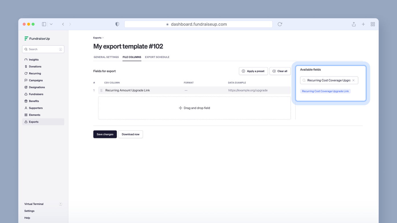 Export template interface showing fields for export, including "Recurring Amount Upgrade Link" and "Recurring Cost Coverage Upgrade" with options to save changes or download the file.