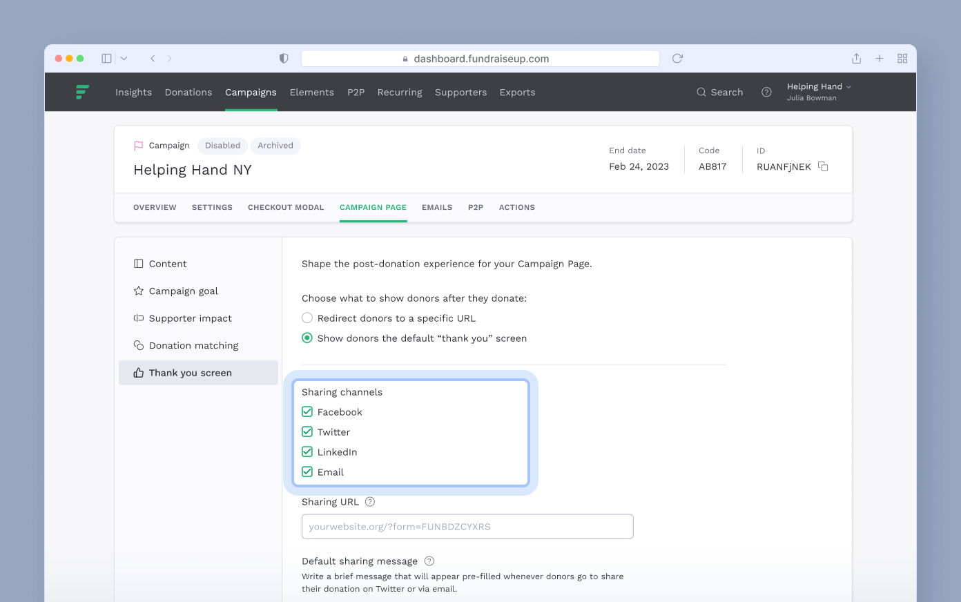 Campaign page settings for "Helping Hand NY," showing options for post-donation sharing on Facebook, Twitter, LinkedIn, and Email, along with a field for a sharing URL.