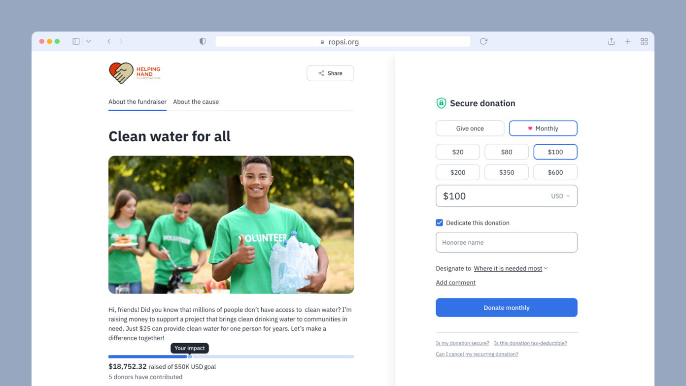 Three volunteers in green shirts hold water bottles, promoting a clean water fundraising campaign. The webpage includes a donation section with options for monthly contributions and a total goal of $50,000.
