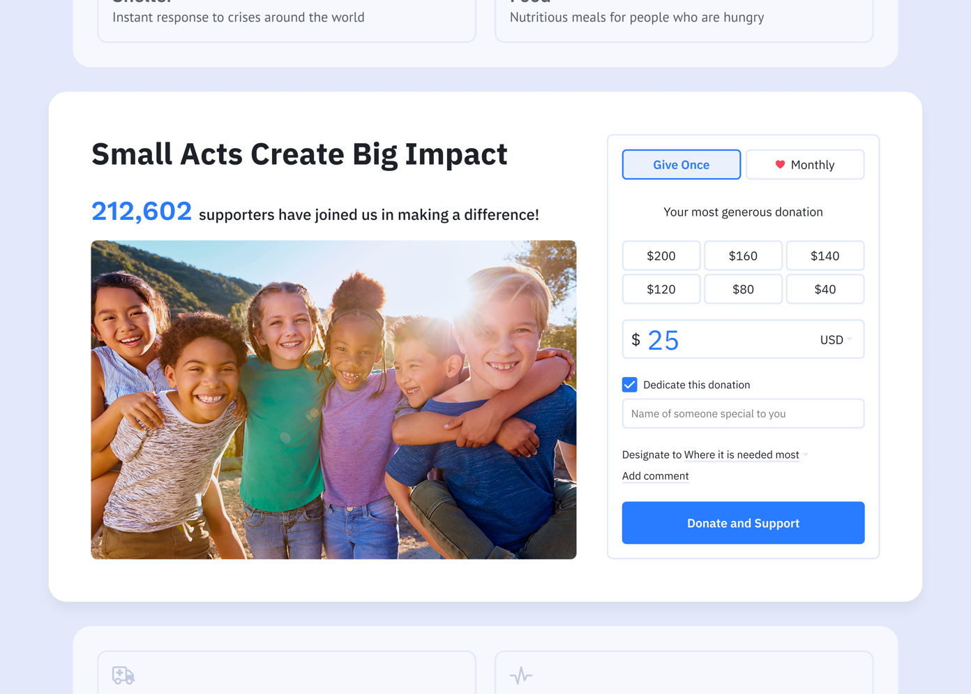 Group of six children smiling together outdoors, with mountains in the background. Text highlights "Small Acts Create Big Impact" and "212,602 supporters have joined us in making a difference!" Donation options are displayed on the right.